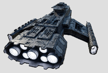 spaceship isolated on white background, rear view, 3d digitally rendered science fiction illustratio