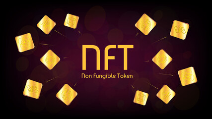 Wall Mural - nft non fungible token infographics with golden unique tokens on dark background. pay for unique col