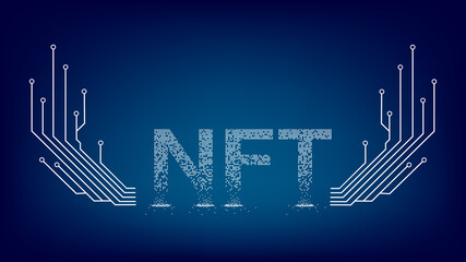 Wall Mural - crumbled text ntf non fungible token with wings from pcb tracks and copy space on blue background. w
