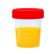 Analysis of urine. Plastic container for urine sample isolated on white background. Vector illustration in cartoon style