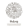 © Bulgakova Kristina - baking banner. Cute hand drawn kitchen tools and baked goods with desserts. vector illustration in black outline and white plane on white background.