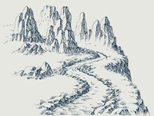 Hiking Road In The Mountains, Alpine Rocky Landscape, Mountain Ranges  Hand Drawing