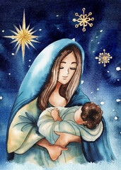 Nativity scene:Mary with the young Jesus Christ in her arms.Picture I have created with watercolors.