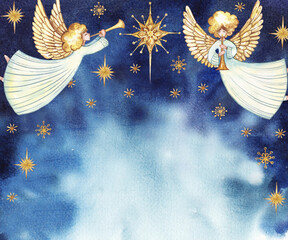 Watercolor illustration, two flying angels with christmas stars