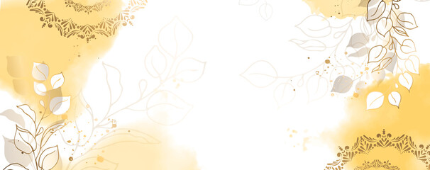 Wall Mural - Luxurious golden wallpaper. Banner with flowers. Watercolor yellow, gold spots on a white background. Shiny flowers, twigs and ornament. Vector file.