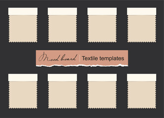 Textile swatches set on a dark background. Fabric samples Mood Board. 8 Fabric pieces for presentation and design. Trendy Mockup. Vector Blank Template. EPS10.