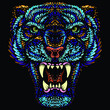 The Vector logo tiger for tattoo or T-shirt design or outwear.  Hunting style big cat print on black background. This hand drawing is for black fabric or canvas. New Year of the Blue Water Tiger 2022