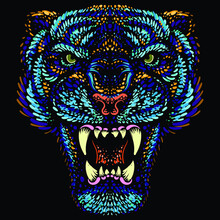 The Vector Logo Tiger For Tattoo Or T-shirt Design Or Outwear.  Hunting Style Big Cat Print On Black Background. This Hand Drawing Is For Black Fabric Or Canvas. New Year Of The Blue Water Tiger 2022