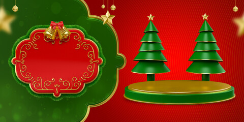 Wall Mural - Banner Christmas composition with frame, stage and Christmas tree with red and green background. 3d render illustration.