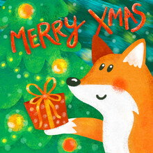 A Cute Red Fox Wishes A Merry Christmas And Gives A Gift In A Box With A Bow. A Fox Near A Decorated Christmas Tree, It's Snowing. Children's Illustration, Greeting Card. Inscription: Merry Xmas
