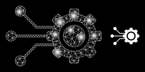 Wall Mural - Constellation net gear connectors web icon with sparkle spots. Illuminated constellation created from gear connectors vector icon. Sparkle frame web polygonal gear connectors, on a black background.