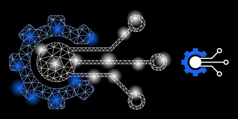 Constellation net gear solution web icon with illuminated light spots. Illuminated constellation is created from gear solution vector icon. Bright frame web polygonal gear solution,