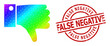 False Negative dirty seal, and lowpoly spectral colored thumb down icon with gradient. Red stamp seal has False Negative title inside circle and lines form.