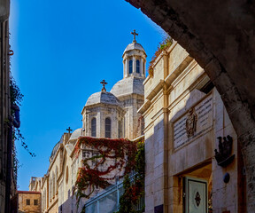 Second Station of the Way of the Cross - Place of the Placement of the Cross. Franciscan monastery, dome of the Chapel of the Laying of the Cross. Jerusalem, Israel