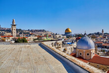 Roof Austrian Hospice Of Holy Family And Panoramic View Of Dome Of Armenian Church Of Our Lady Of Spasm And Dome Of Rock,Temple Mount,ancient Rooftops Of Old City Of Jerusalem,Israel