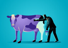 Businessman Painting A Cow With Puple Paint