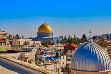 Panoramic View Of Dome Of Armenian Church Of Our Lady Of Spasm And Dome Of Rock, Temple Mount, And Ancient Rooftops Of Old City Of Jerusalem, Israel From Roof Austrian Hospice Of Holy Family