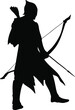 Black silhouette of an archer with arrows and a bow. A medieval warrior with a weapon is fighting in a war. Robin Hood from the English legend