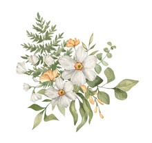 Watercolor Bouquet With White Narcissus Flowers, Fern Leaf, Branches And Twigs Isolated On White. Aesthetic Spring-summer Composition, Floral Arrangements, Delicate Meadow Flowers