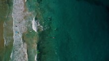Top Down Aerial Clip Of Waves And Surfers At Playa Del Moro Beach Fuerteventura