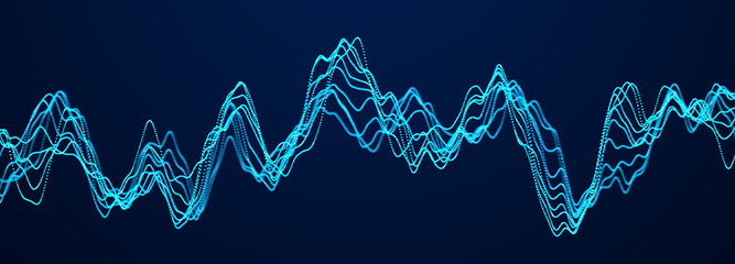 Fototapete - Abstract blue background of points. Music wave of cyber particles. Graph. Big data stream. 3d rendering