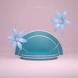 Abstract pink background of a round stand for objects made of disks and a round hoop. Flowers in cartoon style. 3d illustration