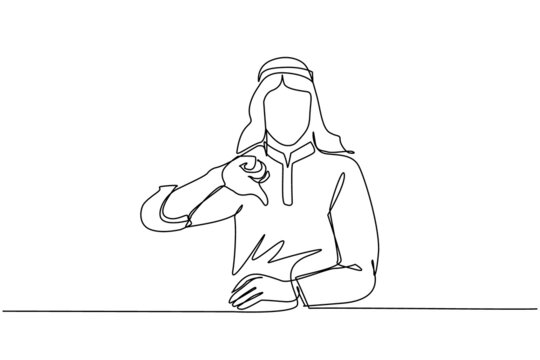 Single continuous line drawing unhappy young Arabian man showing thumbs down sign gesture. Dislike, disagree, disappointment, disapprove, no deal. Emotion, body language. One line draw design vector