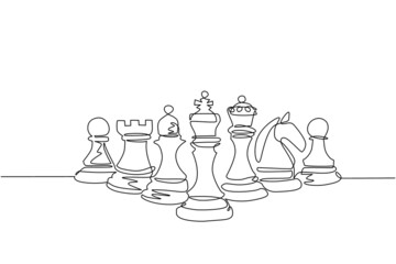 Canvas Print - Single one line drawing chess pieces aligned, luxury hand drawn or engraving. King, Queen, Bishop, Knight, Rook, Pawn. Leader success concept. Continuous line draw design graphic vector illustration