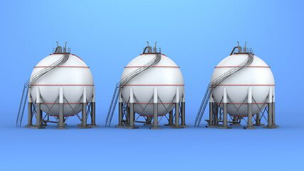 Wall Mural - Three large spherical gas storage tanks on a blue background. Oil industry. Bright colours. 3D rendering