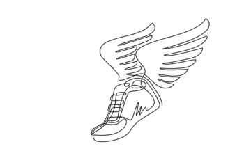 Wall Mural - Continuous one line drawing running shoes with wings isolated. Stylized, minimalistic vintage design template element for print, label, badge or other symbol. Single line draw design vector graphic