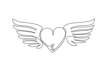 Wall Mural - Continuous one line drawing heart love romantic with wings silhouette flat style icon. Flying heart logo with wings. Winged hearts fly in the sky. Single line draw design vector graphic illustration