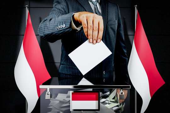 Indonesia flags, hand dropping voting card - election concept - 3D illustration