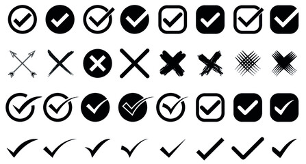 Check mark icon set in black color, cross icon set, check box set, check list signs, approval badge. Vector illustration isolated on a white background. Editable Stroke