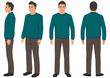 man isolated, front, back and side view