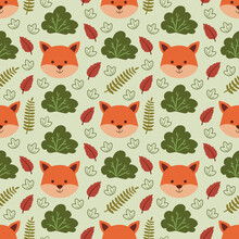 Jungle Seamless Pattern With Animal Cute Fox Face.