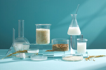 Front view of scientist working with chemical reaction in chemistry laboratory wheat and rice in transparent test tube and blue blackground with blank space for advertising 