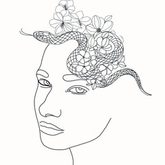 One continuous line portrait of woman with flower. Hand drawn linear face. Abstract minimalism style. Beauty and fashion. Vector decoration design for card, t-shirt, tattoo, poster. 