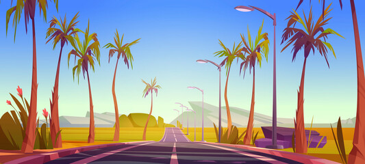 Wall Mural - Tropical landscape with car road, palm trees, street lights and mountains on horizon. Vector cartoon illustration of summertime scene with highway, rocks, tropic trees and flowers