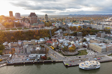 Wall Mural - Aerial view of beautiful Quebec City Old Town and Old Port in the fall season sunset time.