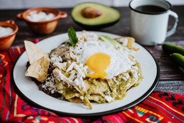 Canvas Print - Mexican green chilaquiles with fried egg, chicken and spicy green sauce traditional breakfast in Mexico