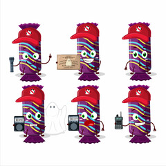 Wall Mural - Ghost hunter cartoon purple long candy package character using camera