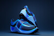 3d illustration bright massive sneaker with fasteners in  blue  tones are depicted on a monocrome background. A pair of new sports sneaker