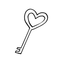 Key Heart Hand Drawn Doodle. Vector, Scandinavian, Nordic, Minimalism. Icon, Sticker. Love, Wedding, Valentine Day.