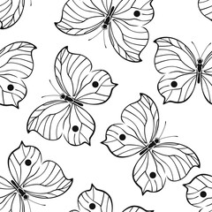 Wall Mural - Black silhouettes of beautiful butterflies on white background. Vector illustration outline. Butterfly seamless pattern. 