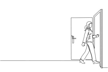 Wall Mural - Single one line drawing businesswoman enters the room through the door. Woman walking to opened door. Starting new day at office. Business concept. Continuous line draw design vector illustration