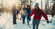© vadim_key - Happy group of smiling multiethnic friends walk along snowy winter forest hike path at holidays weekend slow motion.