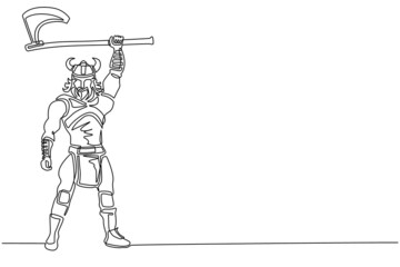 Wall Mural - Single one line drawing nordic man holding axe up in the air. Vector of warrior wearing viking war armor. Character from pagan and scandinavian mythology. Continuous line draw design illustration