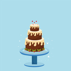 Sticker - Realistic Three Tier Cake Decorated With Holly Berries On Blue Table.