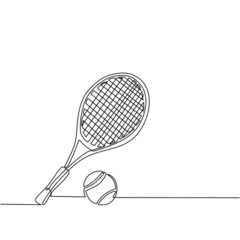 Wall Mural - Continuous one line drawing tennis racket and ball equipment for competition play game. Sport tennis tournament and championship posters. Healthy activity. Single line draw design vector illustration