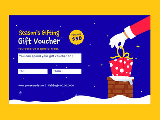 Sticker - Season's Gift Voucher Design With Santa Hand Put A Gift Box Into Chimney On Blue Snowfall Background.